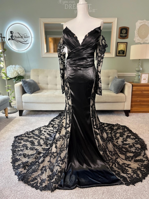black fit and flare wedding dress Kourtney Gothic with Lace Train, Satin Bridal Gown, Off Shoulder Long Sleeve Alternative Bride Dress and color variations festive salwar kameez 90s Black Bodycon Mini Size:2XL(16)