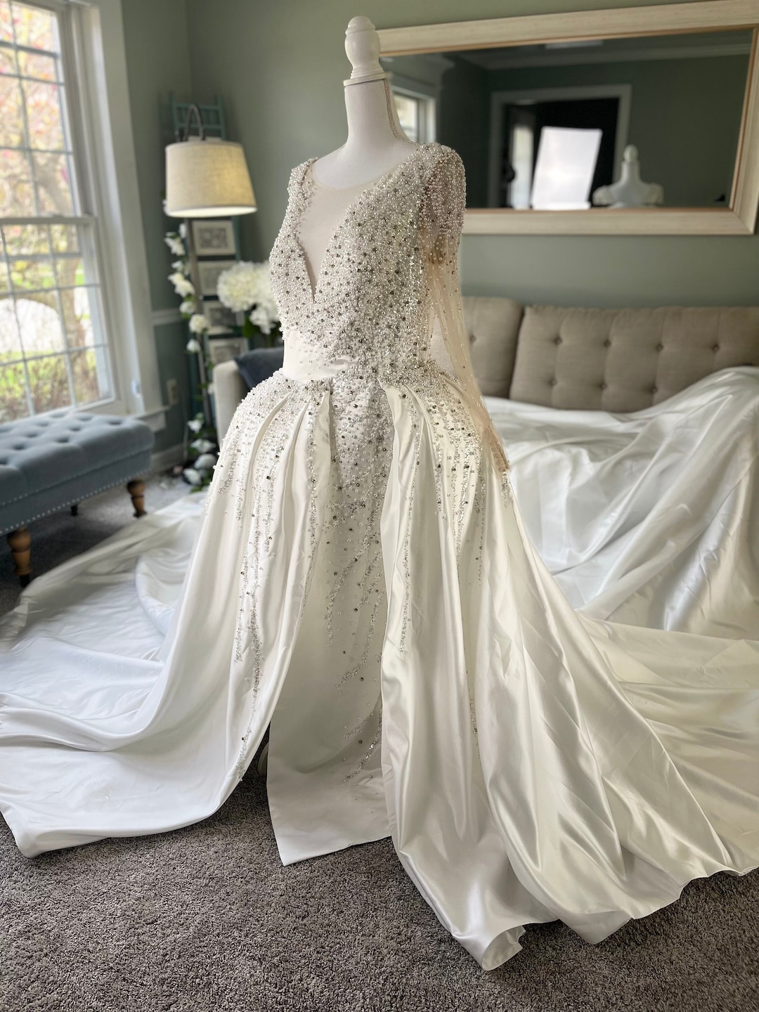 Kwuan Beaded 2-in-1 Wedding Dress: Custom Duchess Satin Gown with Removable Train