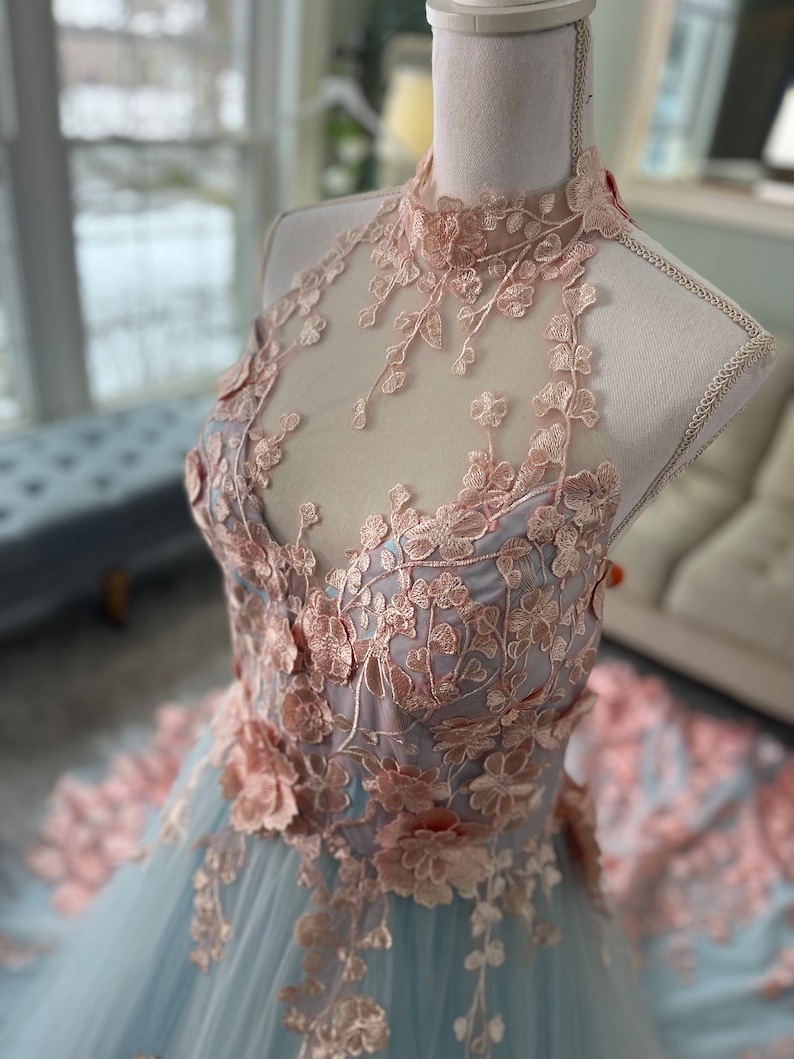 3D Floral Neckline Cap Sleeve Tulle Gown Blushing Pink main image 1
