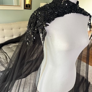 Eclipse Black Bridal Cape Veil: Beaded Lace Wedding Cape