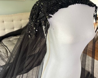 Black Bridal Cape With Beadings  / Cape Veil in Black/ Black Cape Veil With Beadings