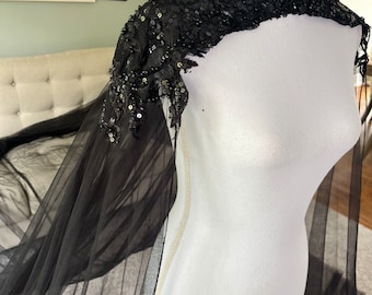 Eclipse Black Bridal Cape Veil: Beaded Lace Wedding Cape