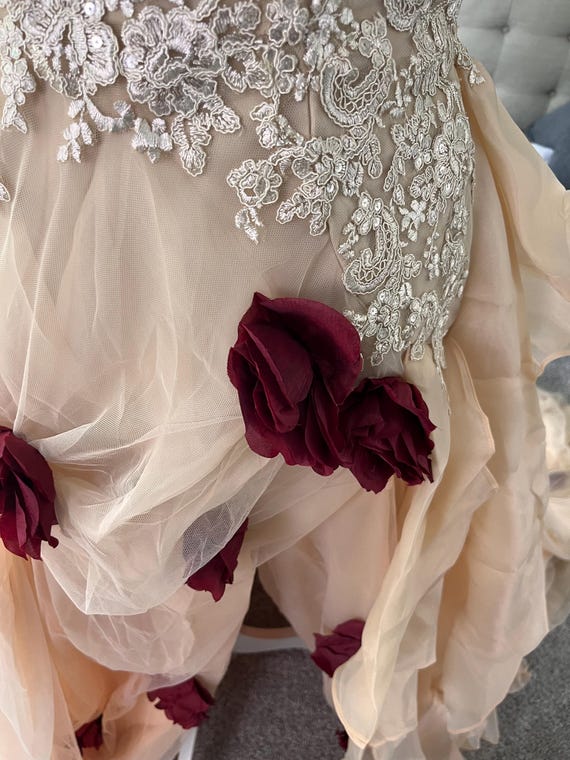 Emilie Floral Champagne Wedding Dress with Burgundy Roses | V-Neck Ruffle Skirt Bridal Gown | Custom Romantic Gown by Brides & Tailor