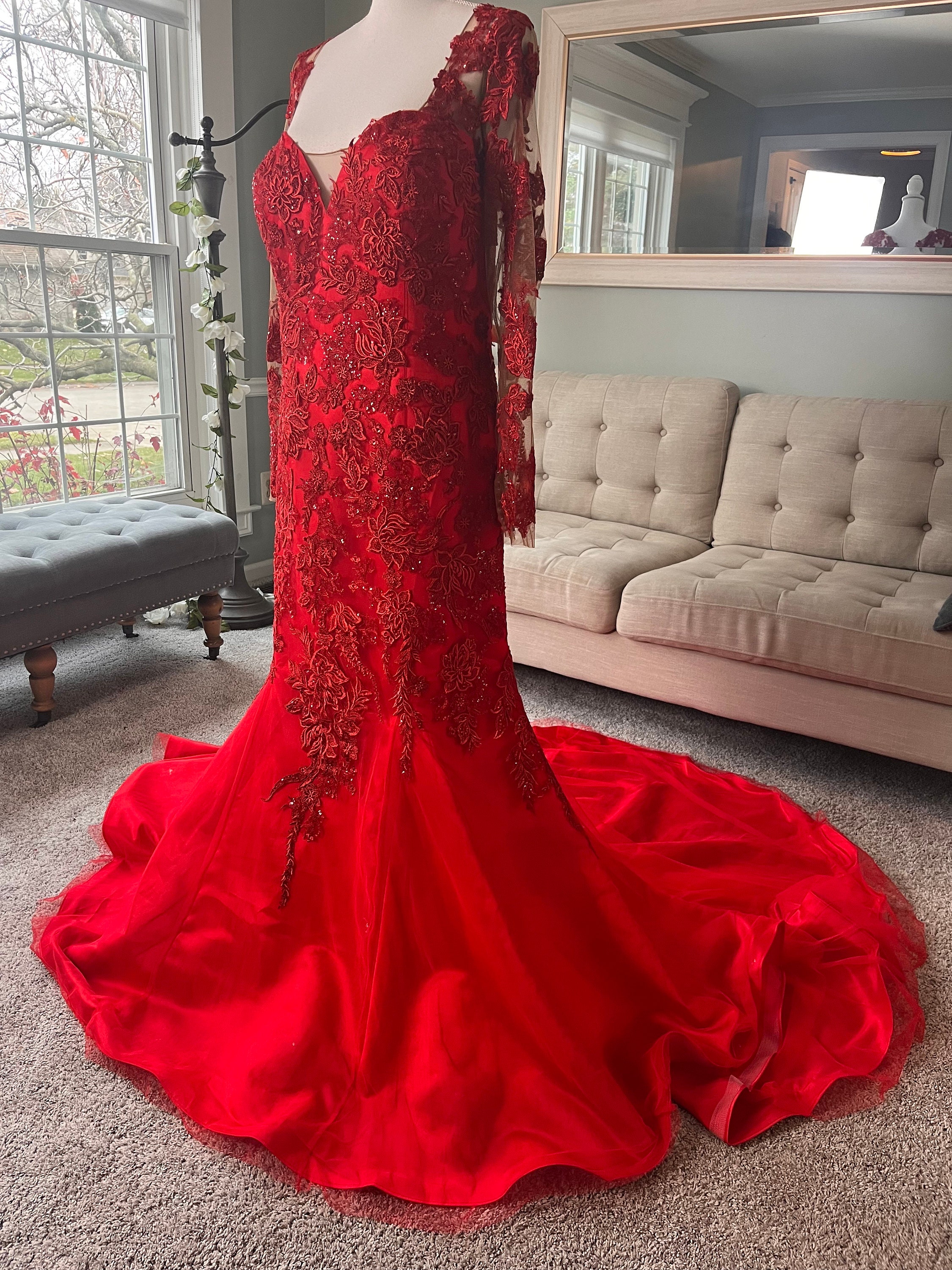 red lace mermaid wedding dress Mermaid Sweetheart Tulle Lace Prom Dress, Red / 2