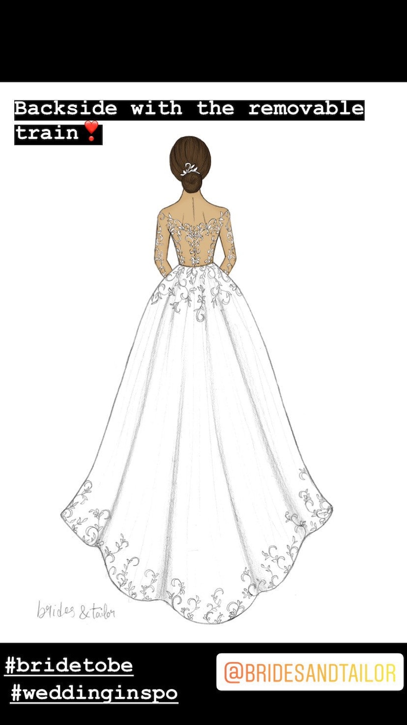 May include: Back view of a wedding dress with a long train and intricate lace detailing. The dress has a sheer bodice and long sleeves. The caption reads "Backside with the removable train" and includes the hashtags #bridetobe and #weddinginspo.