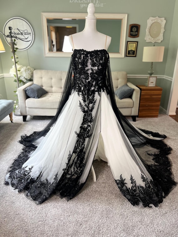 ivory dress with black lace overlay Alanna Black and Ivory Wedding Dress with Slit | Gothic Wedding Dress with Black Lace