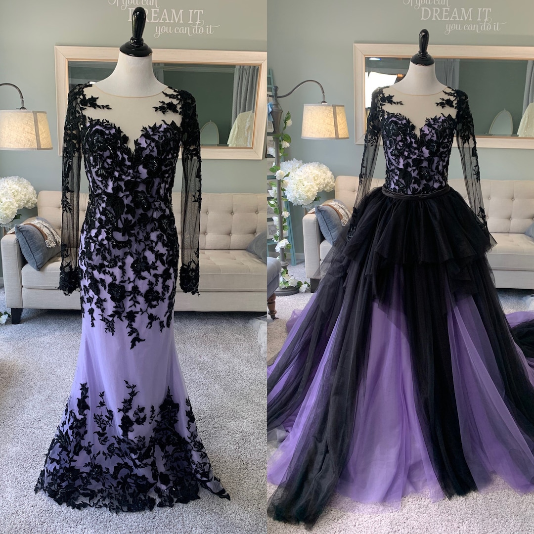 Justine Gothic Black Wedding Dress With Purple Lace & Removable
