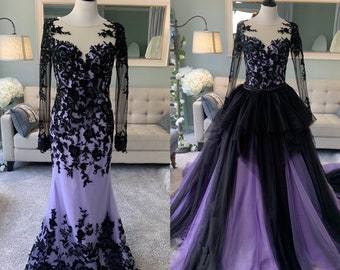 Justine Gothic Black Wedding Dress with Purple Lace & Removable Skirt
