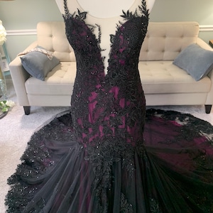 May include: A black and purple mermaid style gown with black lace detailing and a sheer bodice.