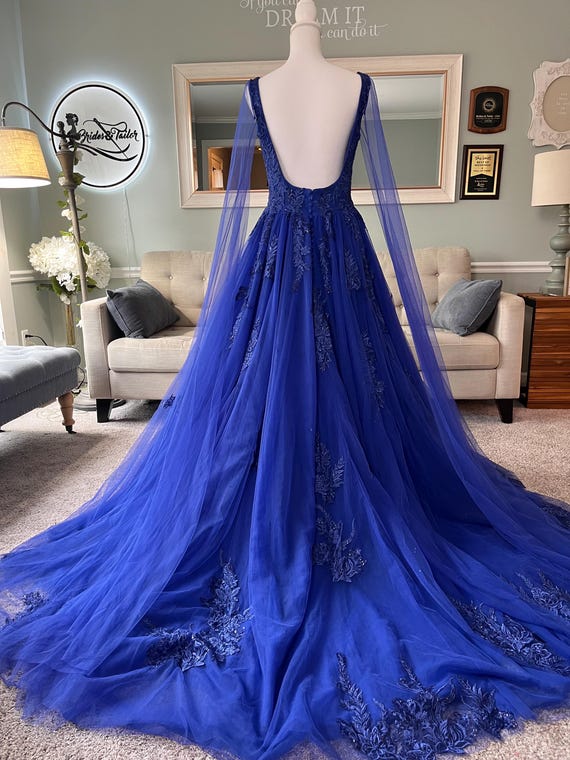 Aarthi Blue Wedding Dress with Cape Veil: A-Line Floral Lace Bridal Gown Aarthi Blue Wedding Dress with Cape Veil: A-Line Floral Lace Bridal Gown