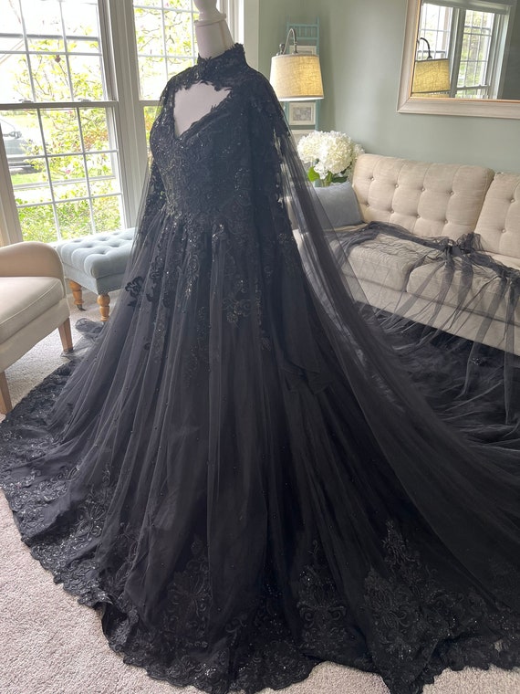 Sade Black Ballgown With Cape: Gothic Wedding Dress