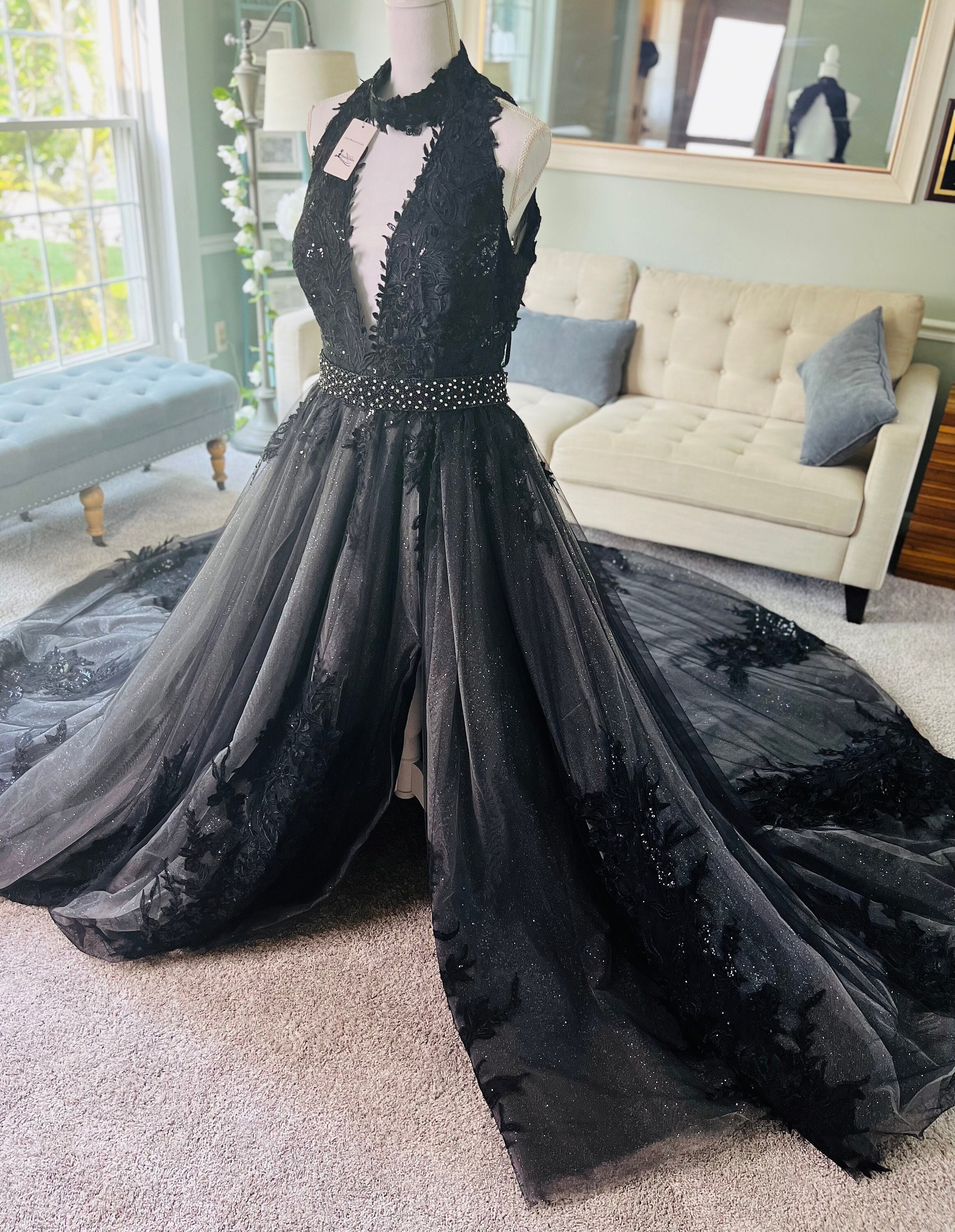 Ashley Black Wedding Dress With Halter Neck and Open Back