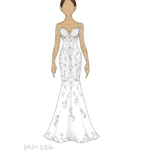 May include: A hand-drawn illustration of a white wedding dress with lace detailing. The dress has a fitted bodice and a flowing skirt. The caption reads "This is how the sketch from yesterday looks like after coloring" and "#weddingdress #bridetobe".