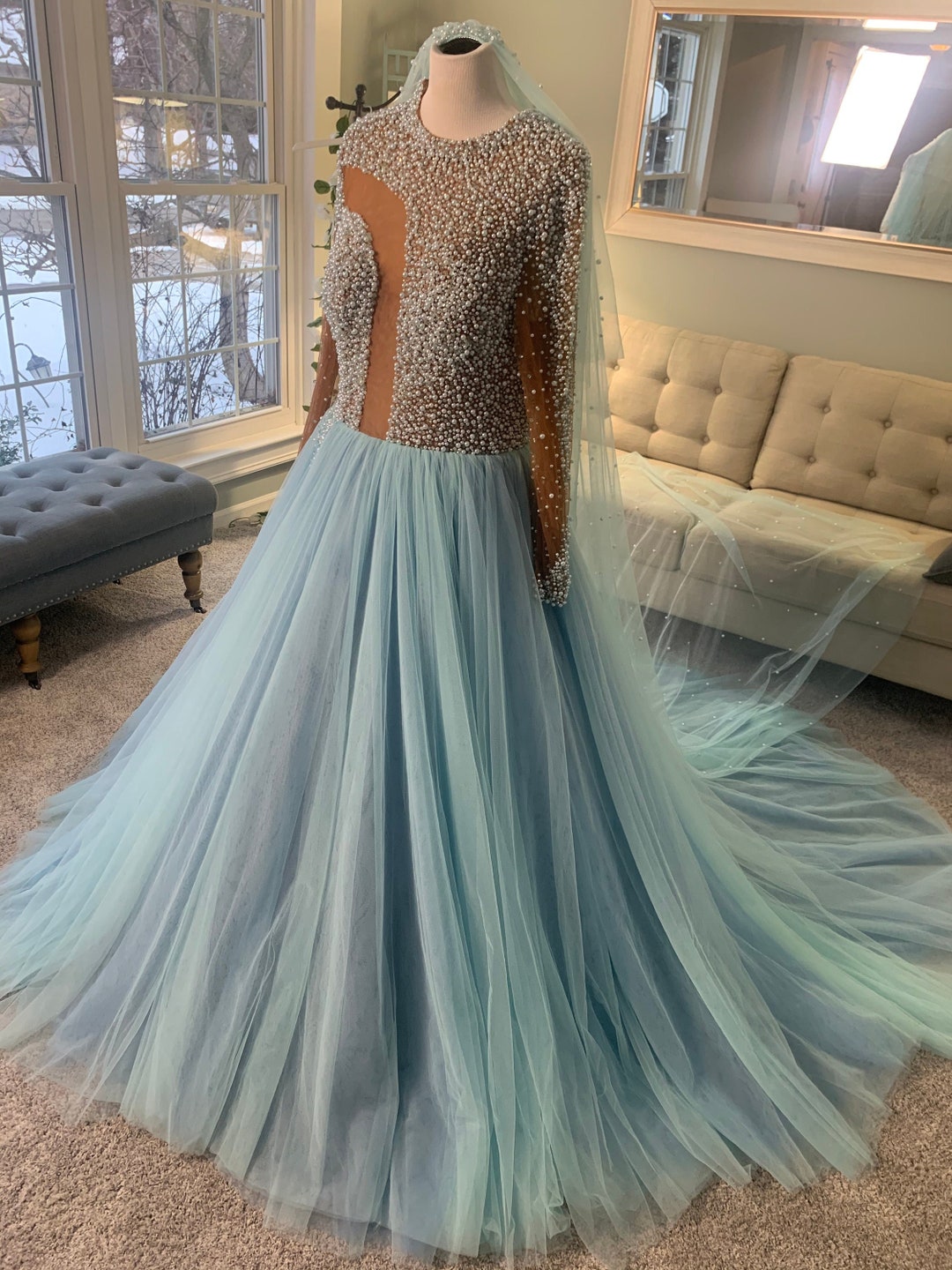 ocean blue wedding dress Cassie Ombre Tulle Skirt | Sea Hand made floral embroidery on the top front 3/4 sleeves V Customized Ombre Maikai Wedding Dress