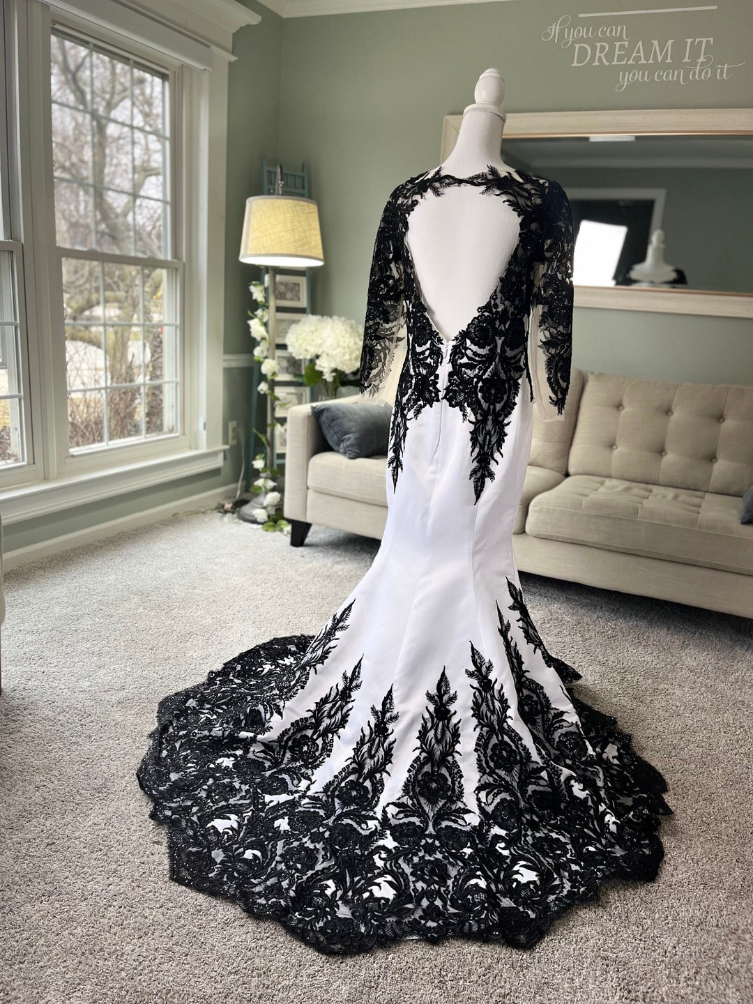 Jessy Black Lace Wedding Dress: Ivory Mermaid Gown With Open Back