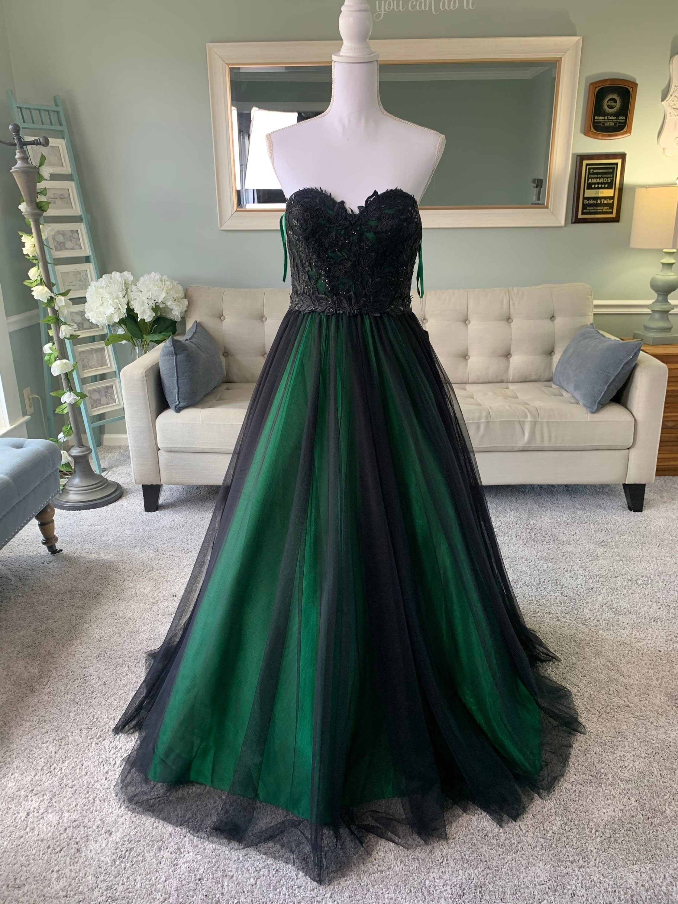 deep green wedding dress Anna Black Lace & Green Satin Wedding Dress: Gothic Aline Bridal Gown