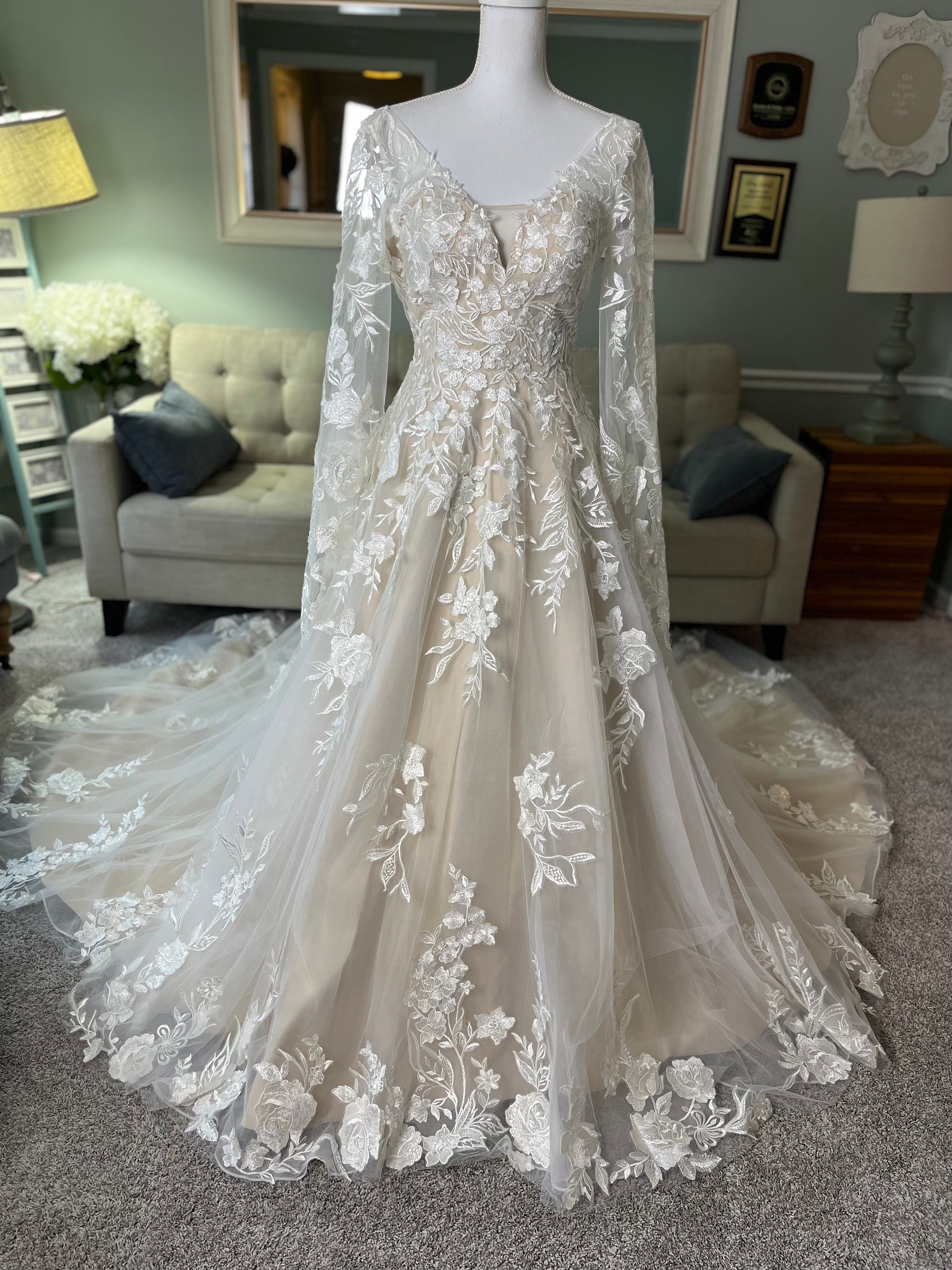 Alex Champagne Wedding Dress: Ivory Floral Lace, Bell