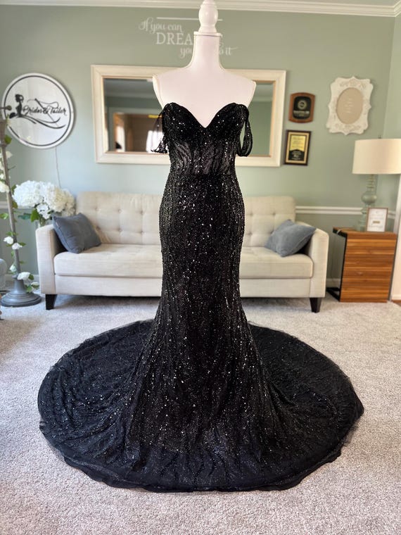 fit and flare black wedding dress COCOMELODY Trumpet-Mermaid Chapel Train Stretch Satin Lace Black Wedding Dresses CW3530, 45 Days / Black / US8-UK10-EUR38