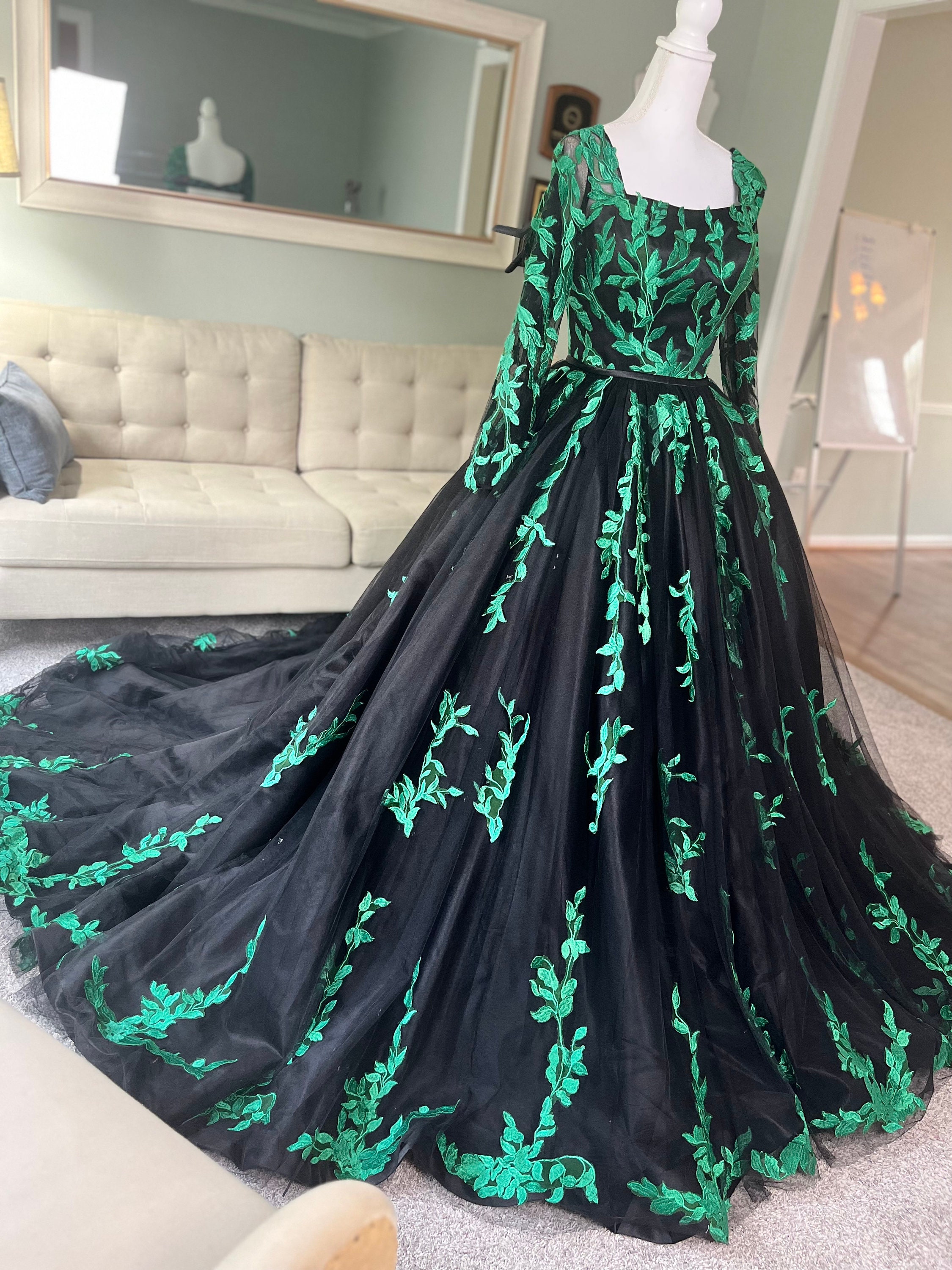 Mathariel Black Wedding Dress: Green Lace, Forest Theme, Removable Skirt Mathariel Black Wedding Dress: Green Lace, Forest Theme, Removable Skirt