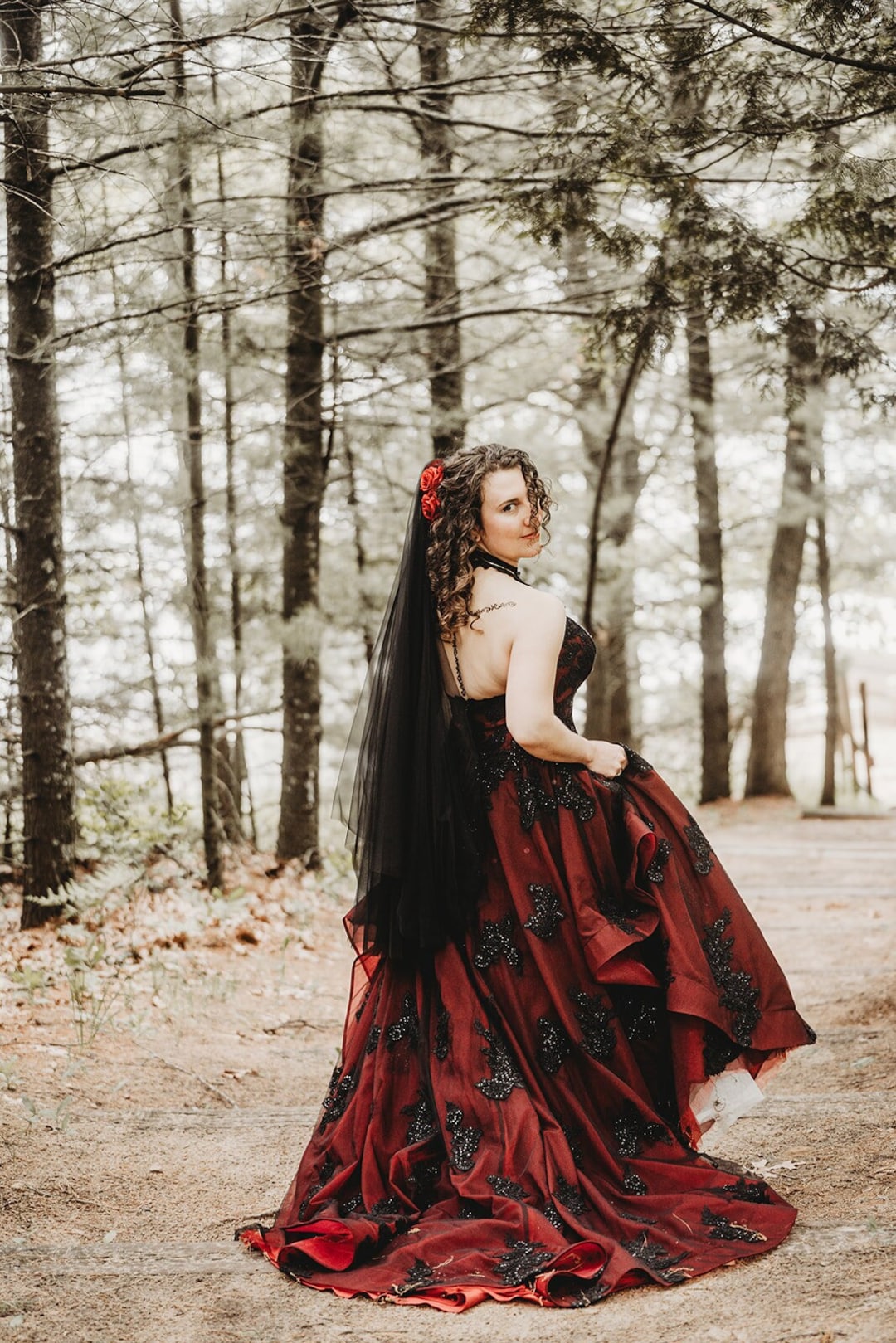 Tarah Burgundy and Black Gothic Wedding Dress: Halter Neck Lace