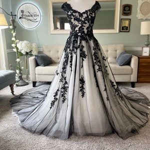 Hailey Black Lace Wedding Dress: Ivory and Grey Sequin Gown with Sleeves
