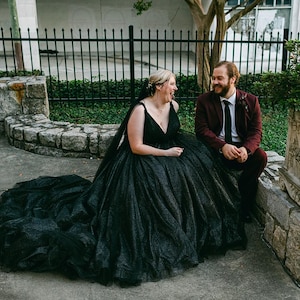 Katelynn Wedding Day Black Celestial Wedding Dress with Shoulder Cape Veil , Custom Black Wedding Dress , Custom Wedding Dress with Bling
