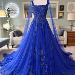 Arthi Blue Wedding Dress with Cape Veil, A-Line Bridal Gown with Boat Neckline & Lace, Disney Wedding Dress
