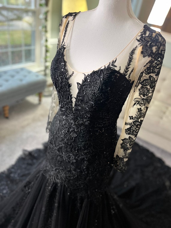 black long sleeve trumpet dress Fallon Black Trumpet Wedding Dress with long fitted illusion sleeves, Gothic Wedding Dress, Trumpet Black Wedding Dress