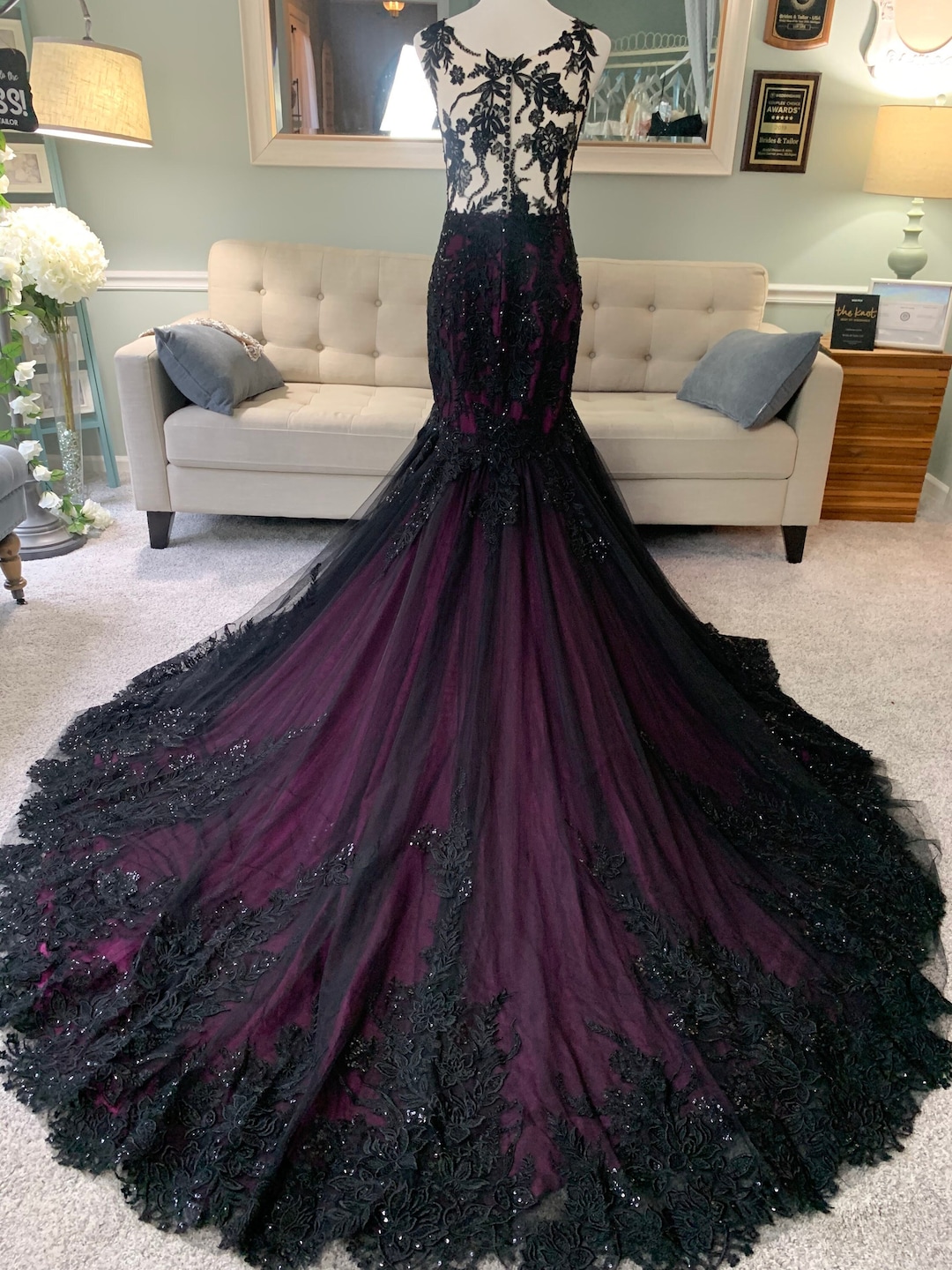 Rayne Black Lace Gothic Wedding Dress: Purple Trumpet Silhouette Rayne Black Lace Gothic Wedding Dress: Purple Trumpet Silhouette