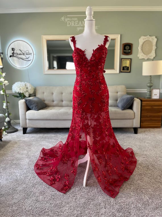Zoe Red Wedding Dress With a Slit, Red A-line Wedding Dress, Gothic Wedding  Dress, Halloween Wedding Dress, V Neckline Red Wedding Dress - Etsy UK