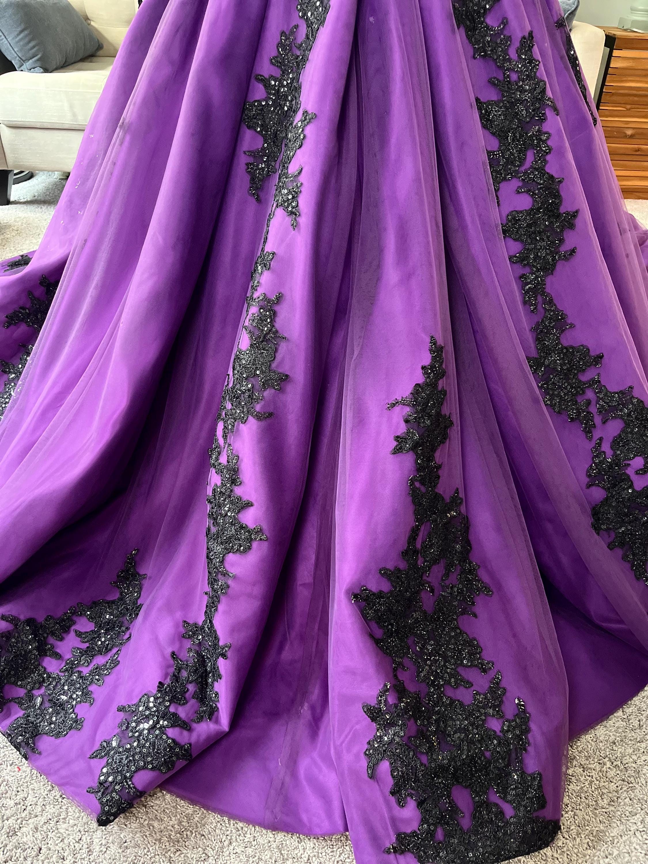 Bianca Purple Gothic Wedding Dress With Black Lace & Illusion Sleeves Bianca Purple Gothic Wedding Dress With Black Lace & Illusion Sleeves