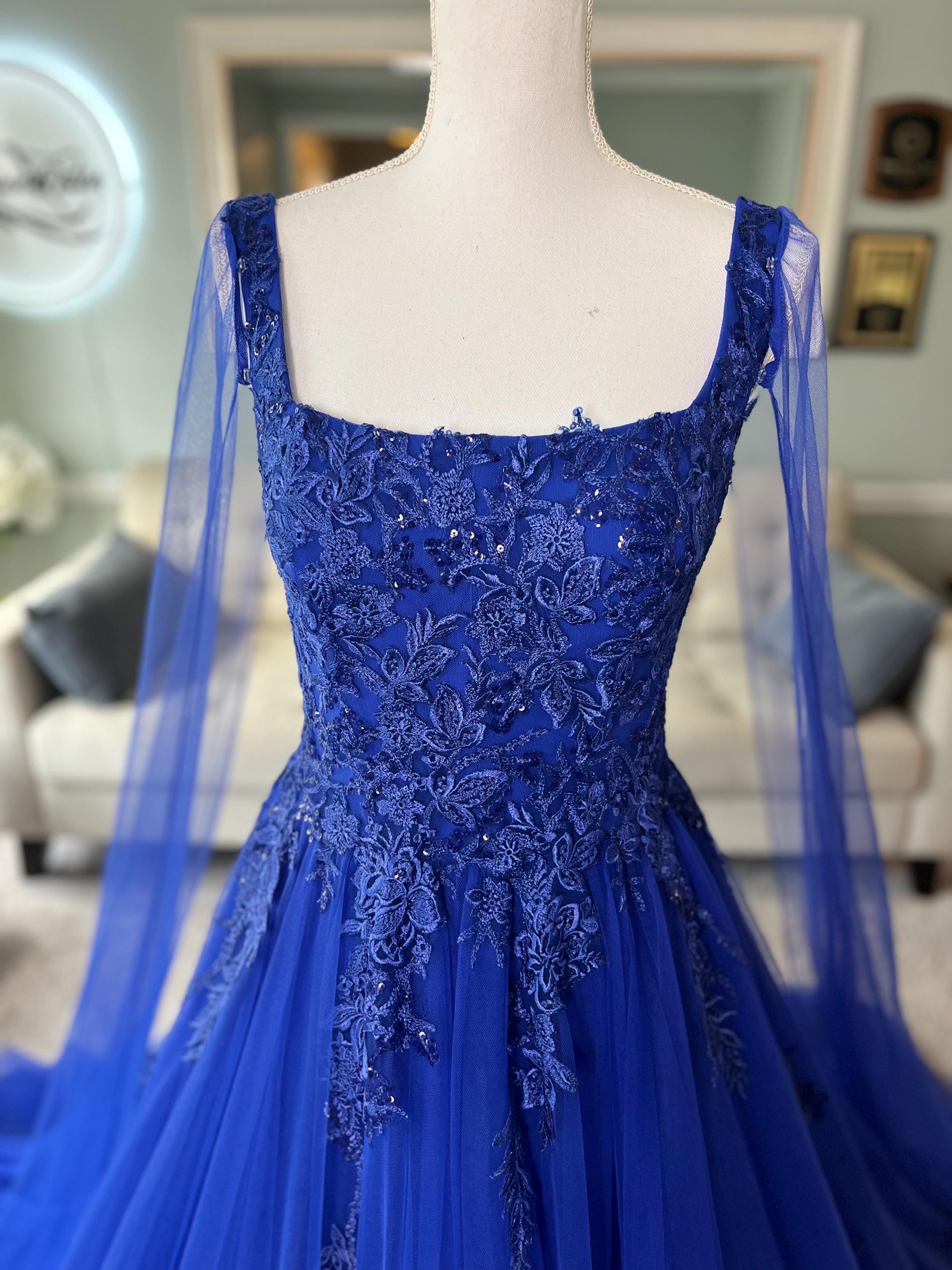 Aarthi Blue Wedding Dress With Cape Veil: A-line Floral Lace Bridal Gown