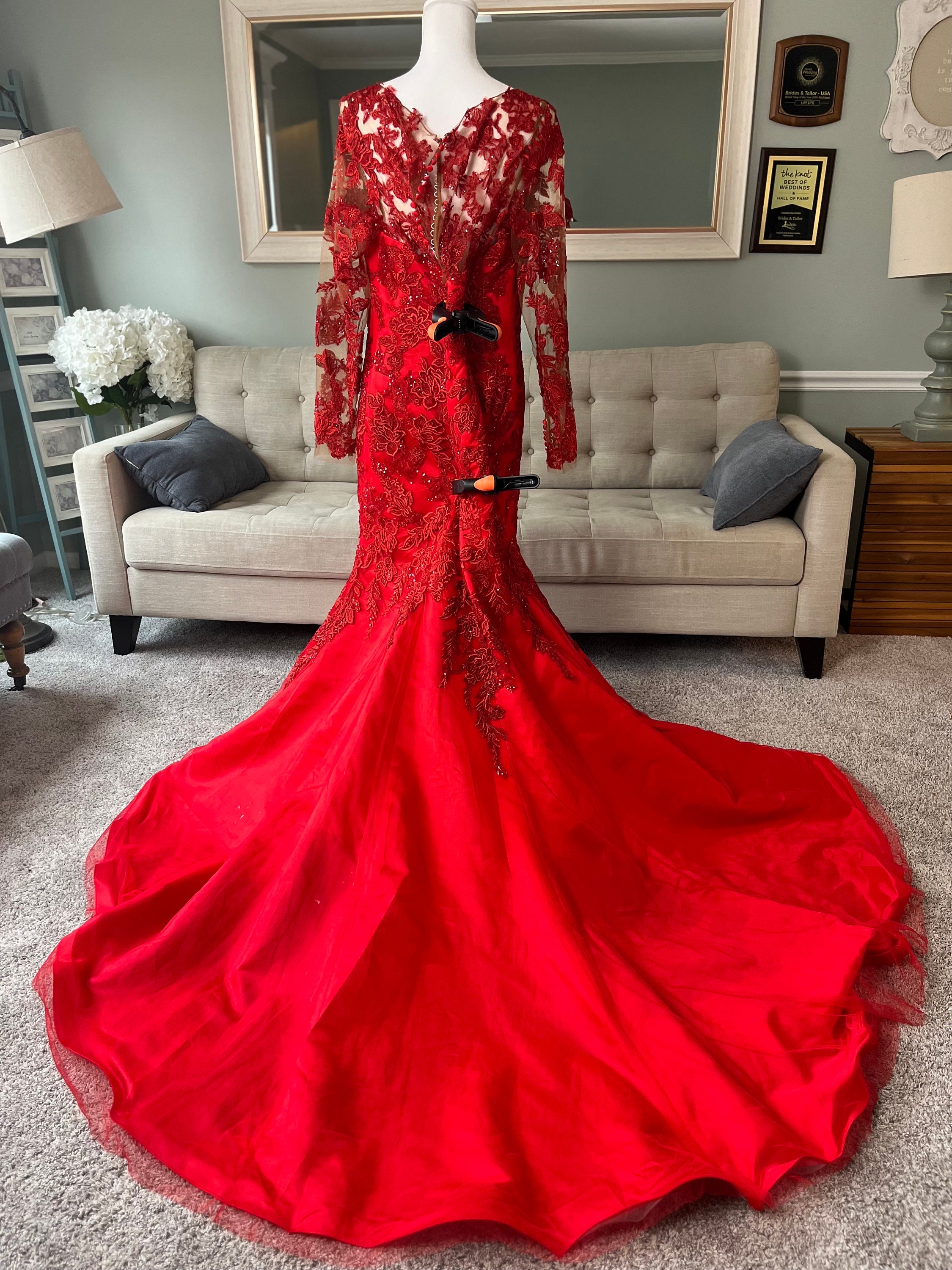 mermaid wedding dress red Prom Dresses With Belt Luxury Beaded Crystals Party Gown and be customized in any size+ colors Elaine Red Mermaid Wedding Dress,