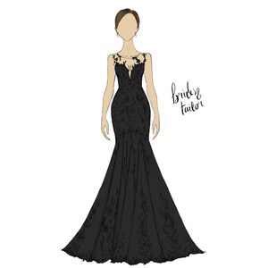 May include: A black lace wedding dress with a fitted bodice and a flowing skirt. The dress has a plunging neckline and a sheer overlay. The text "brides & tailor" is written in black cursive on the right side of the image.