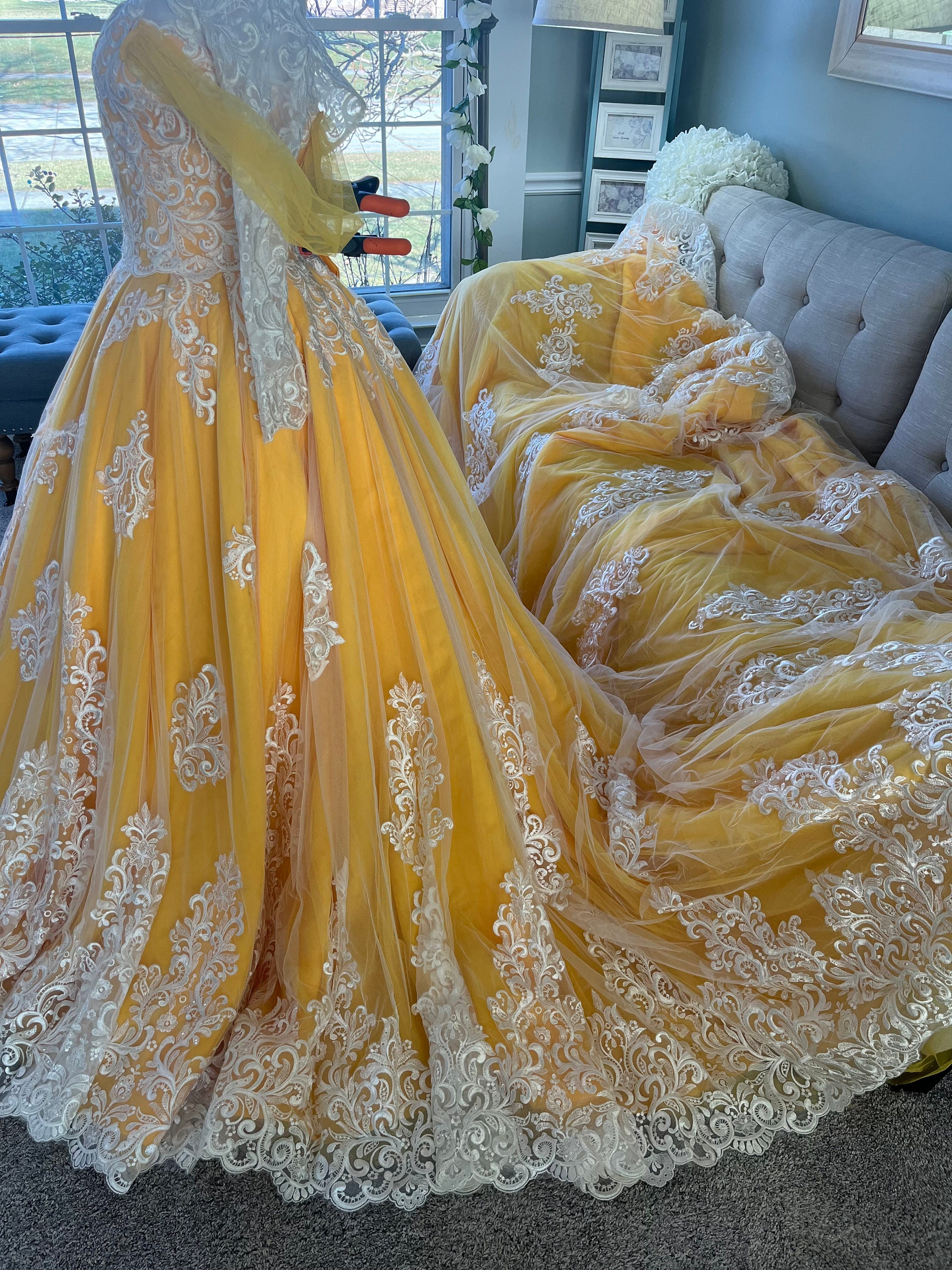 Lauren Custom Beauty and the Beast Wedding Dress: Yellow Floral Lace Ballgown - Etsy Lauren Custom Beauty and the Beast Wedding Dress: Yellow Floral Lace Ballgown - Etsy