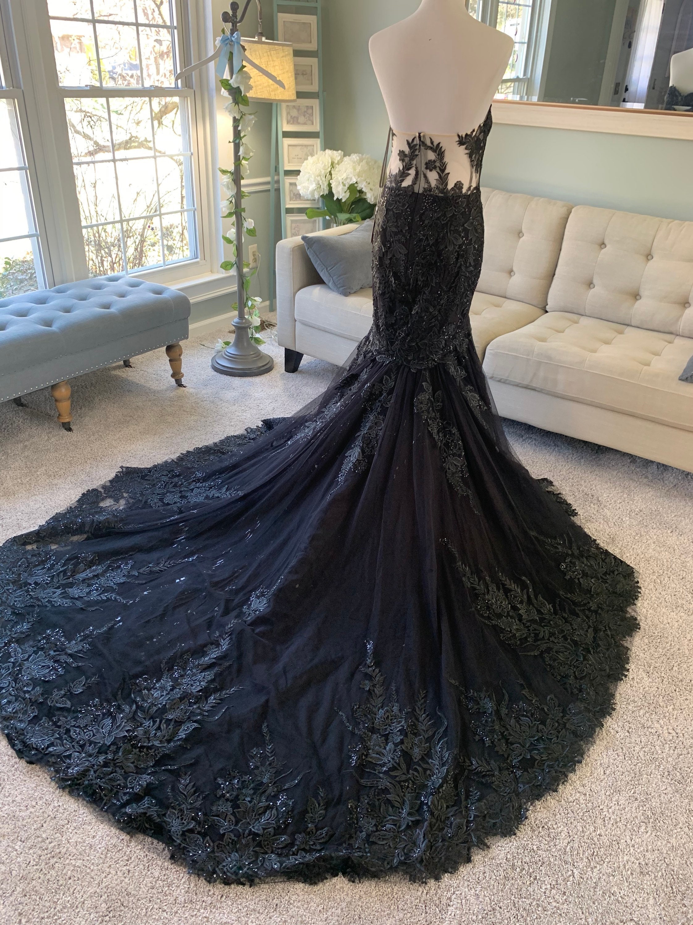 Dani Black Wedding Dress With Sweetheart Neckline gothic Wedding Dress Trumpet Wedding Dress Illusion Back Wedding Dress Etsy UK