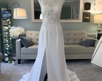 Jestine Custom A-Line Wedding Dress with Lace and Slit: Open Back Bridal Gown