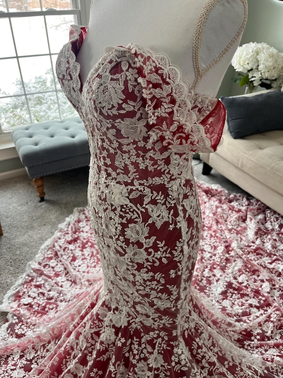 lace red and white wedding dresses Long Sleeves Wedding Dress Ball Gown Red Bridal Dress Online
