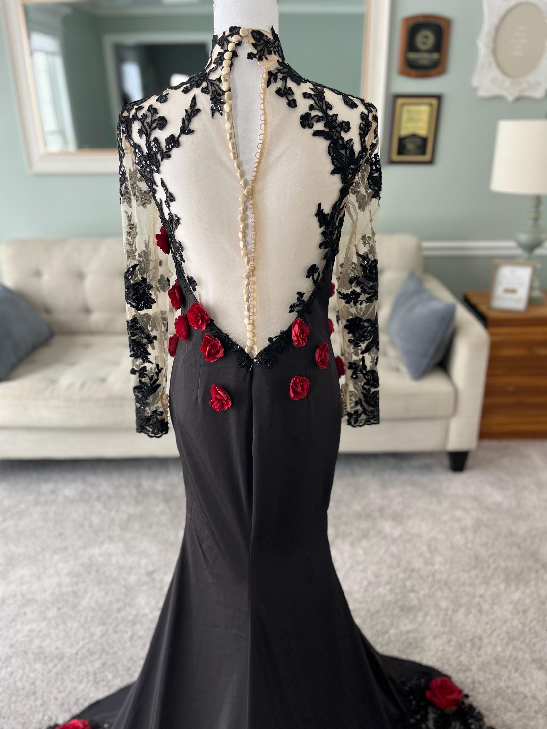 Lacey Black Gothic Wedding Dress With Red 3D Roses, Illusion Lace Long ...