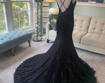Black Wedding dress, A--Line Black Wedding Dress, Gothic Wedding Dress, Black Bridal Gown,V neckline wedding dress, Custom wedding dress