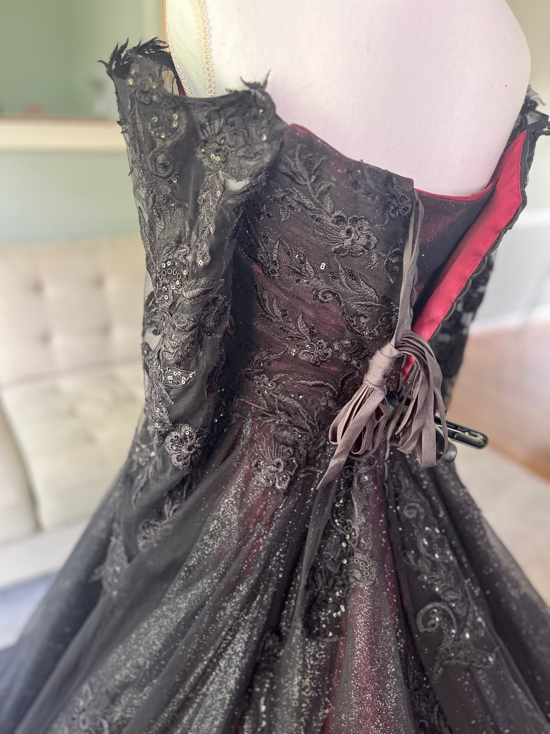 Kara Wine Red \u0026 Black Gothic Wedding Dress: Illusion Sleeves, Sparkle Tulle, image size:2250x3000
