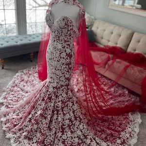 Lilith White and Dark Red Wedding Dress with the Cape , Gothic Dark Red Mermaid / Trumpet Wedding Dress, See Through White and Red Gown