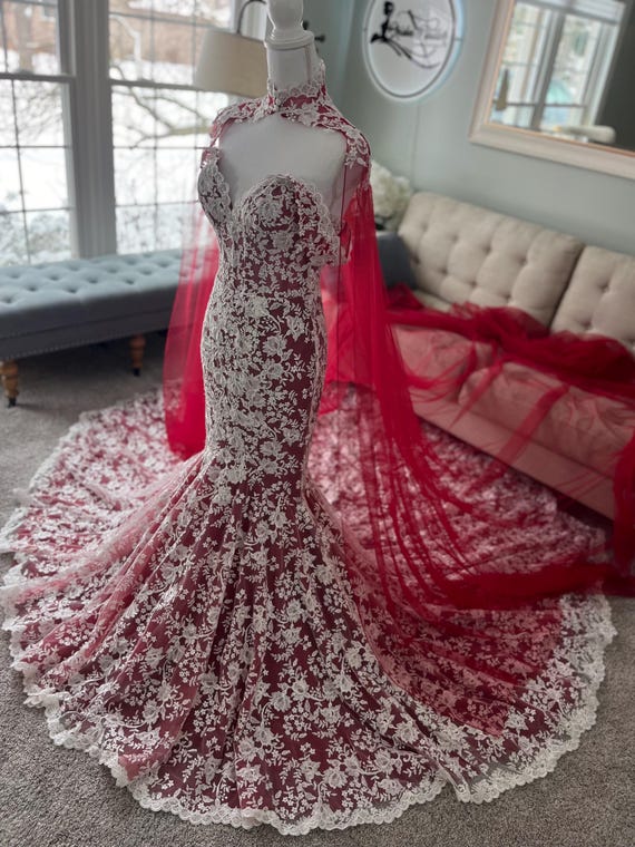 strapless open back dress Red Satin Mermaid Prom Dresses Lace Applique Train V-Neck 24089 –  vigocouture main image 1