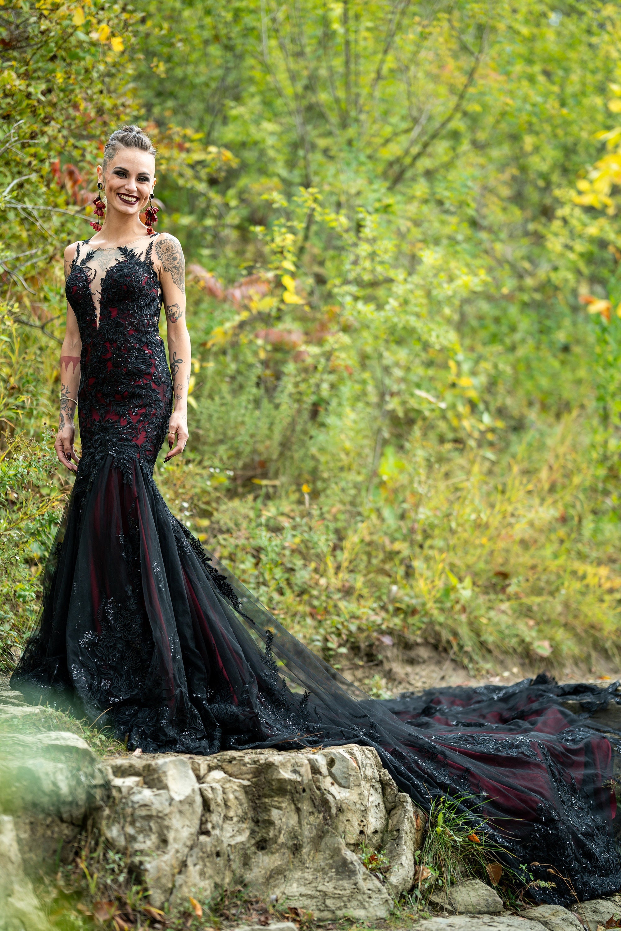 Krista Black Lace Gothic Wedding Dress: Illusion Back Trumpet Dress