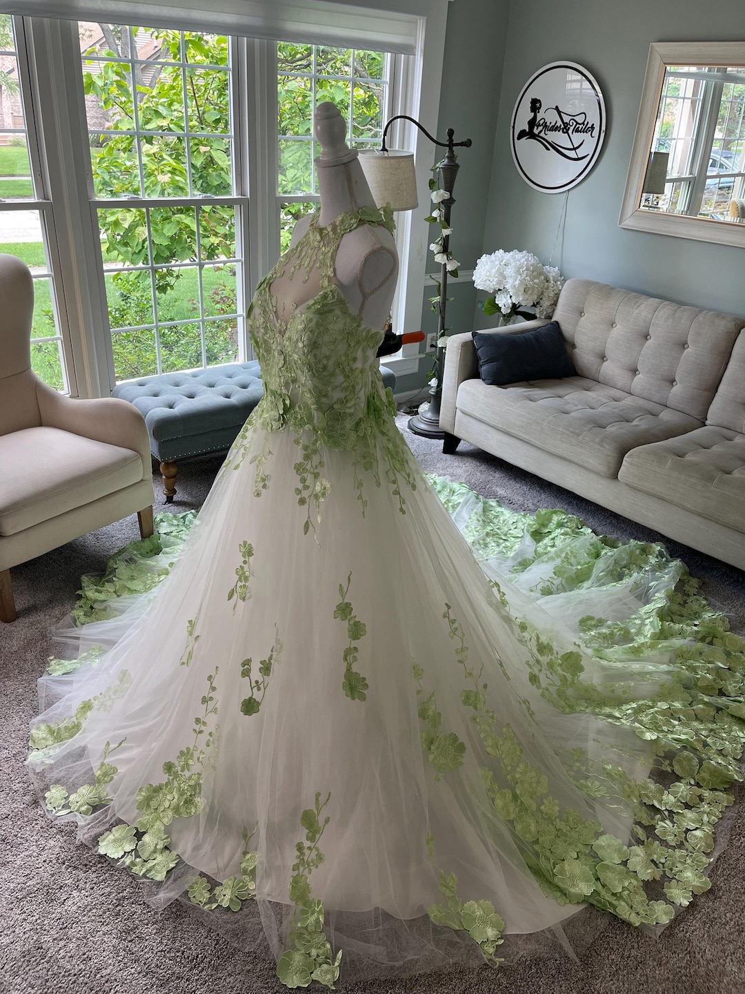Bethany 3D Floral A-line Wedding Dress: Ivory Tulle, Green Lace