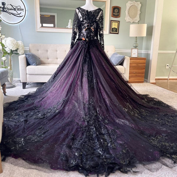 Samantha P Plum Wedding dress with pockets, Black and Purple Ballgown, Black Bridal Gown,, Sparkly Black Wedding dress