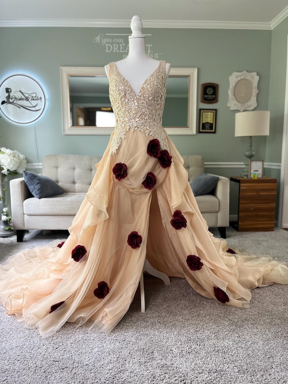 Emilie Floral Champagne Wedding Dress with Burgundy Roses | V-Neck Ruffle Skirt Bridal Gown | Custom Romantic Gown by Brides & Tailor