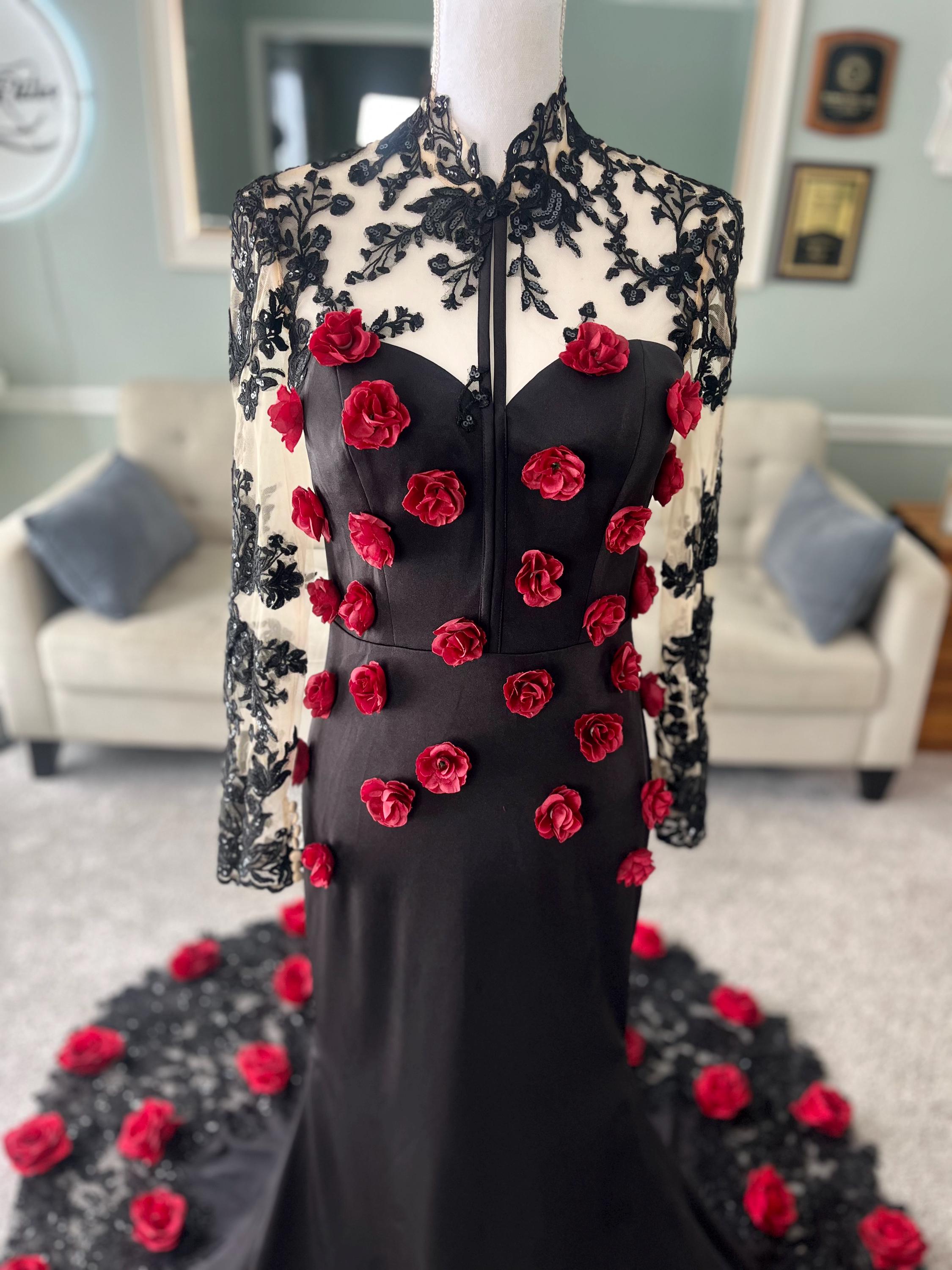 Lacey Black Gothic Wedding Dress With Red 3D Roses, Illusion Lace Long ...