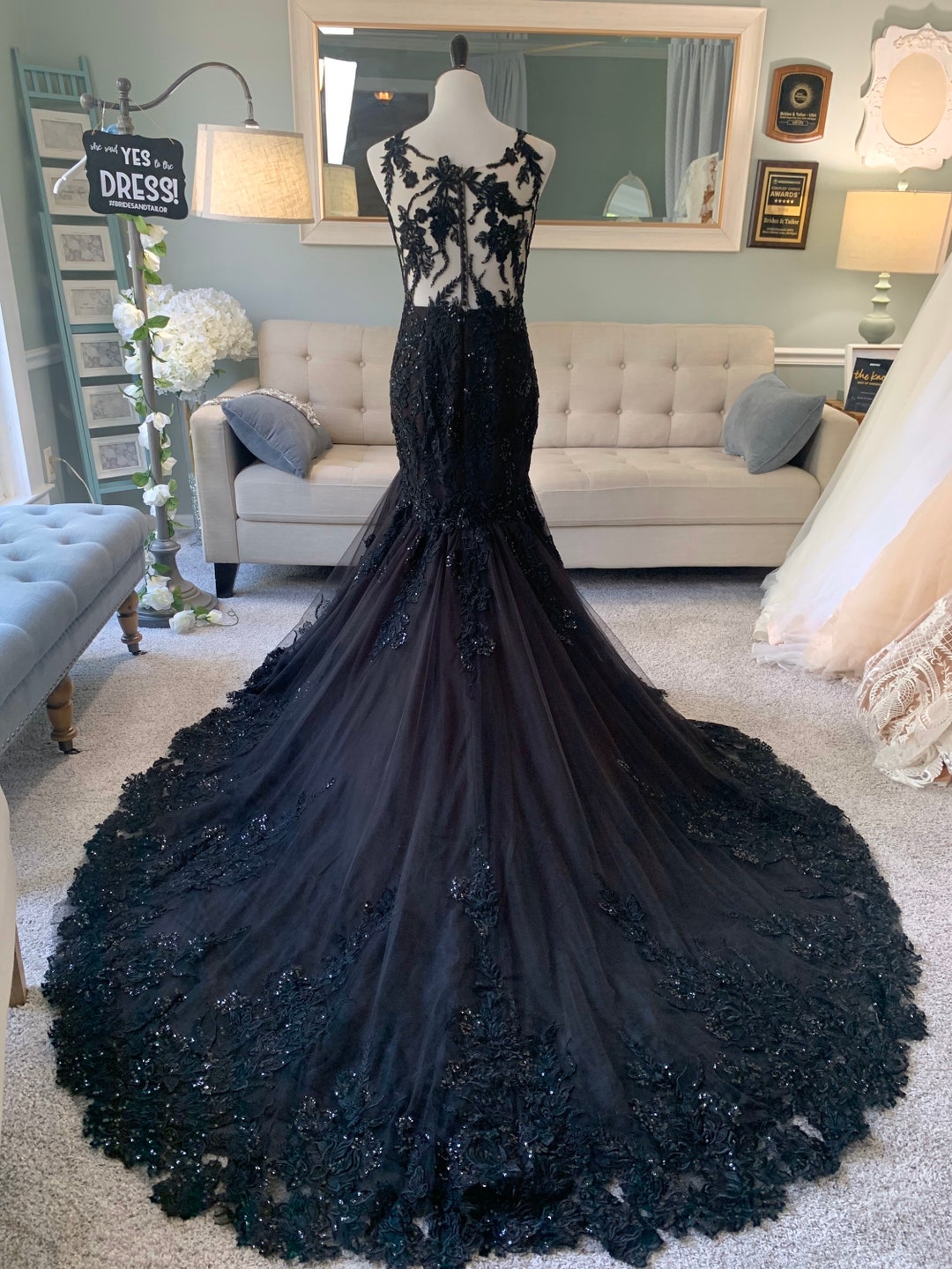 Sheer Lace Long Sleeves Black Wedding Dress with Plunging V-neck –  loveangeldress