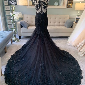 Brynn Black Wedding Dress,Gothic Wedding Dress,Mermaid Black Dress,A-Line Wedding Dress,Black Lace Wedding Dress,Illusion Back Wedding Dress
